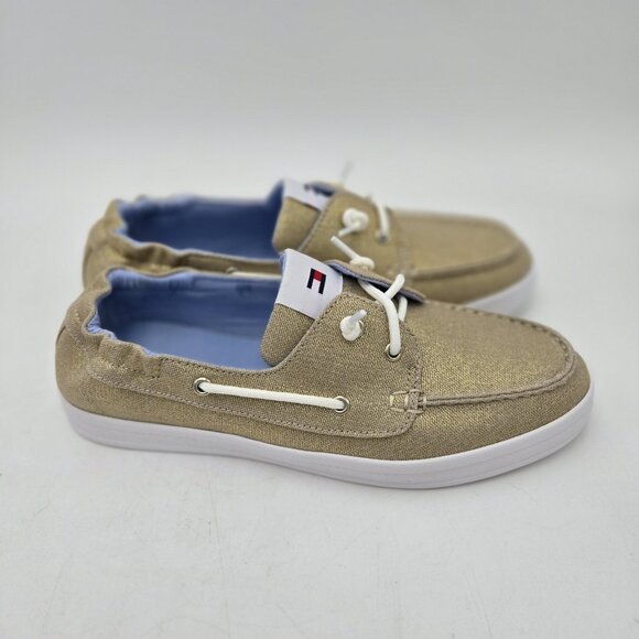Tommy Hilfiger Womens Slip-On Gold Shimmer Preppy Boat Shoes 9 Logo Loafers New - Picture 5 of 9